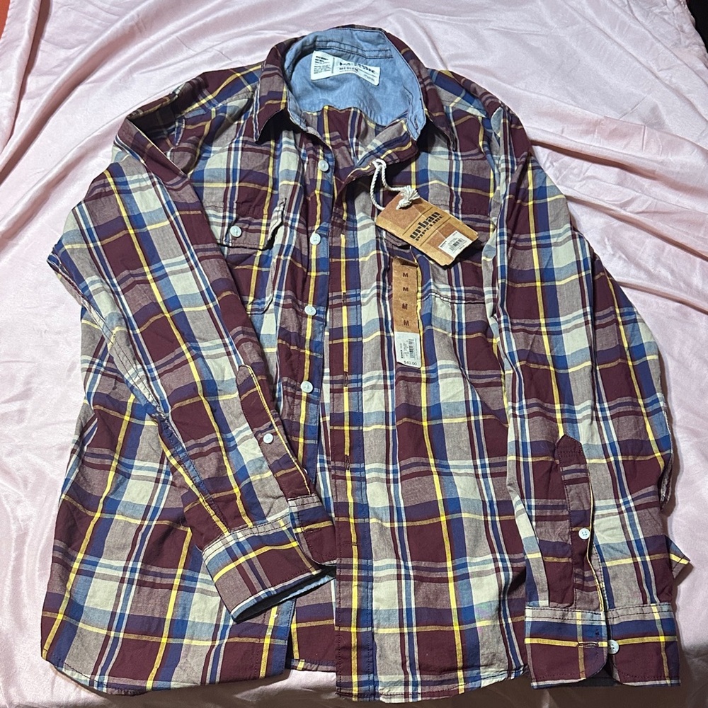 Urban Pipeline Men's Plaid Shirt - Burgundy, Blue, and Yellow